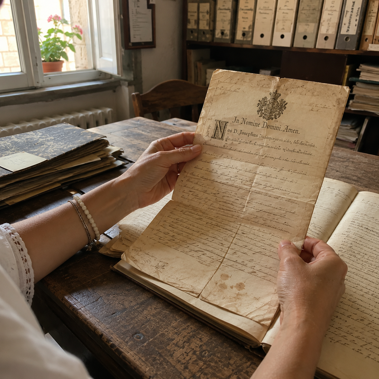 Hands examining a historic handwritten Italian record in an archive