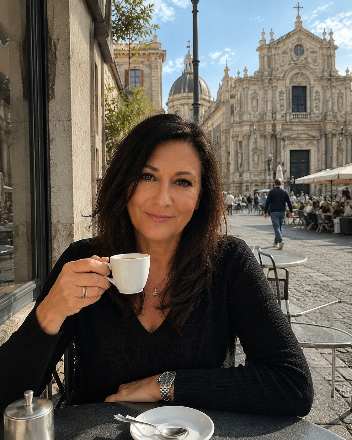 Dania, your Italian travel friend, at a sunlit piazza café