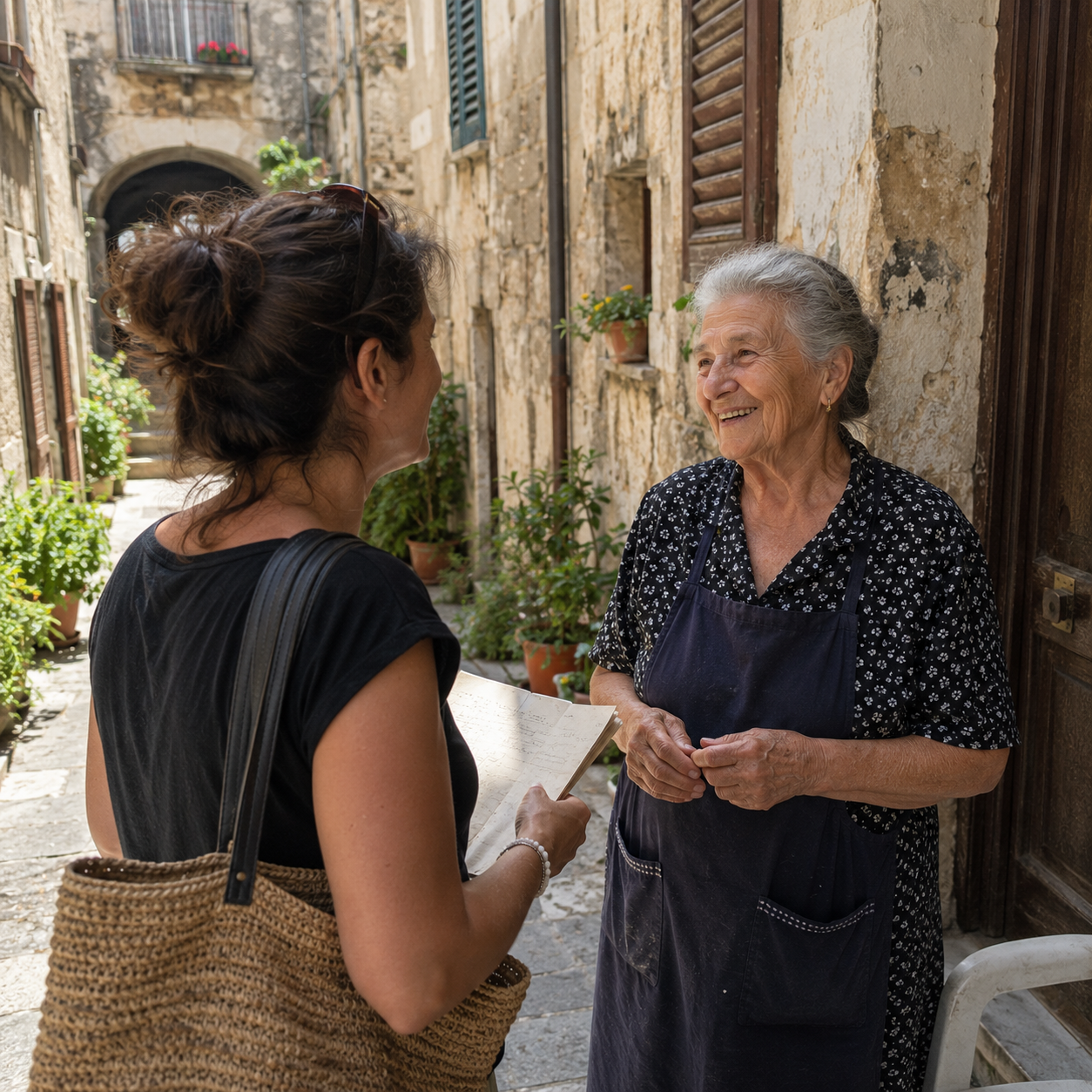 A traveler talking with an elderly Italian woman in a village street