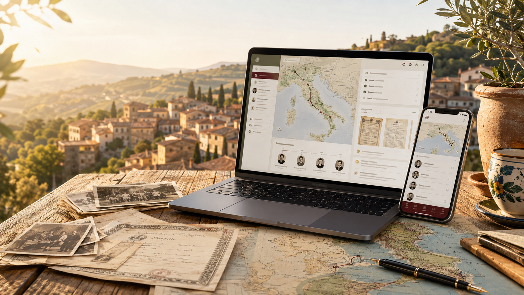 The Italian Origins App shown on a laptop and smartphone with an Italian village backdrop
