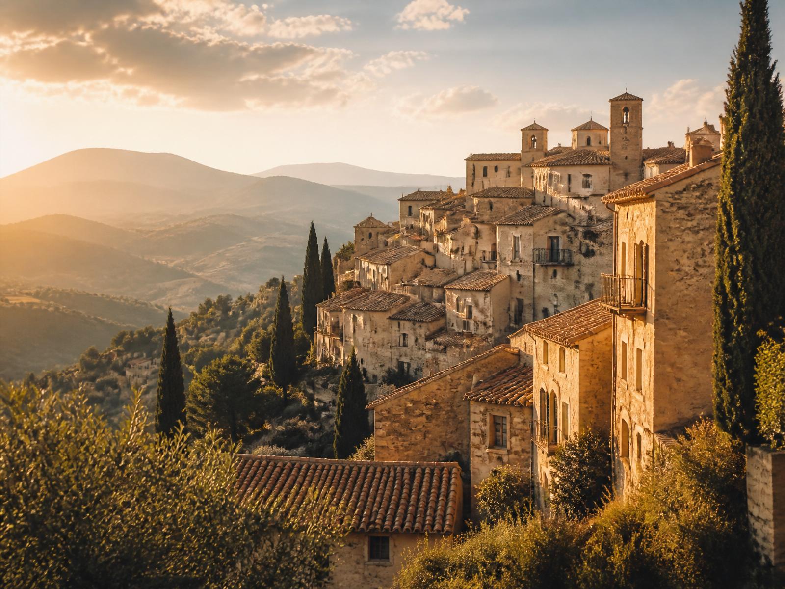 A sun-drenched Italian hillside village at golden hour